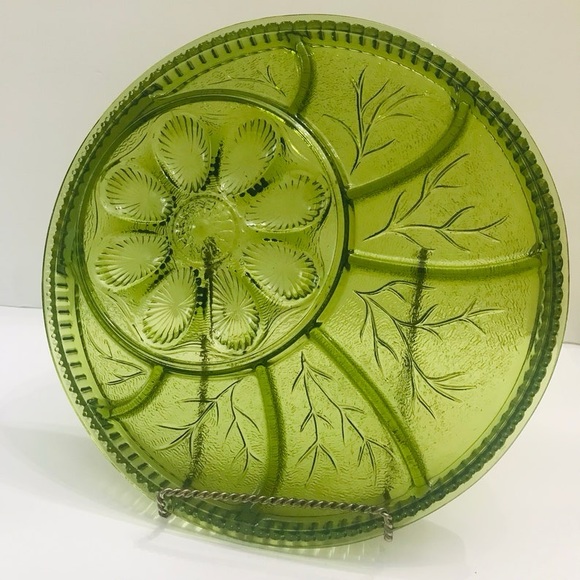 Other - Olive Green Indiana Glass Tree of Life Round Devil Egg, Oyster Plate